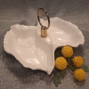 Vintage USA Pottery #3361 Matte White Double Leaf Ceramic Candy Nut Dish